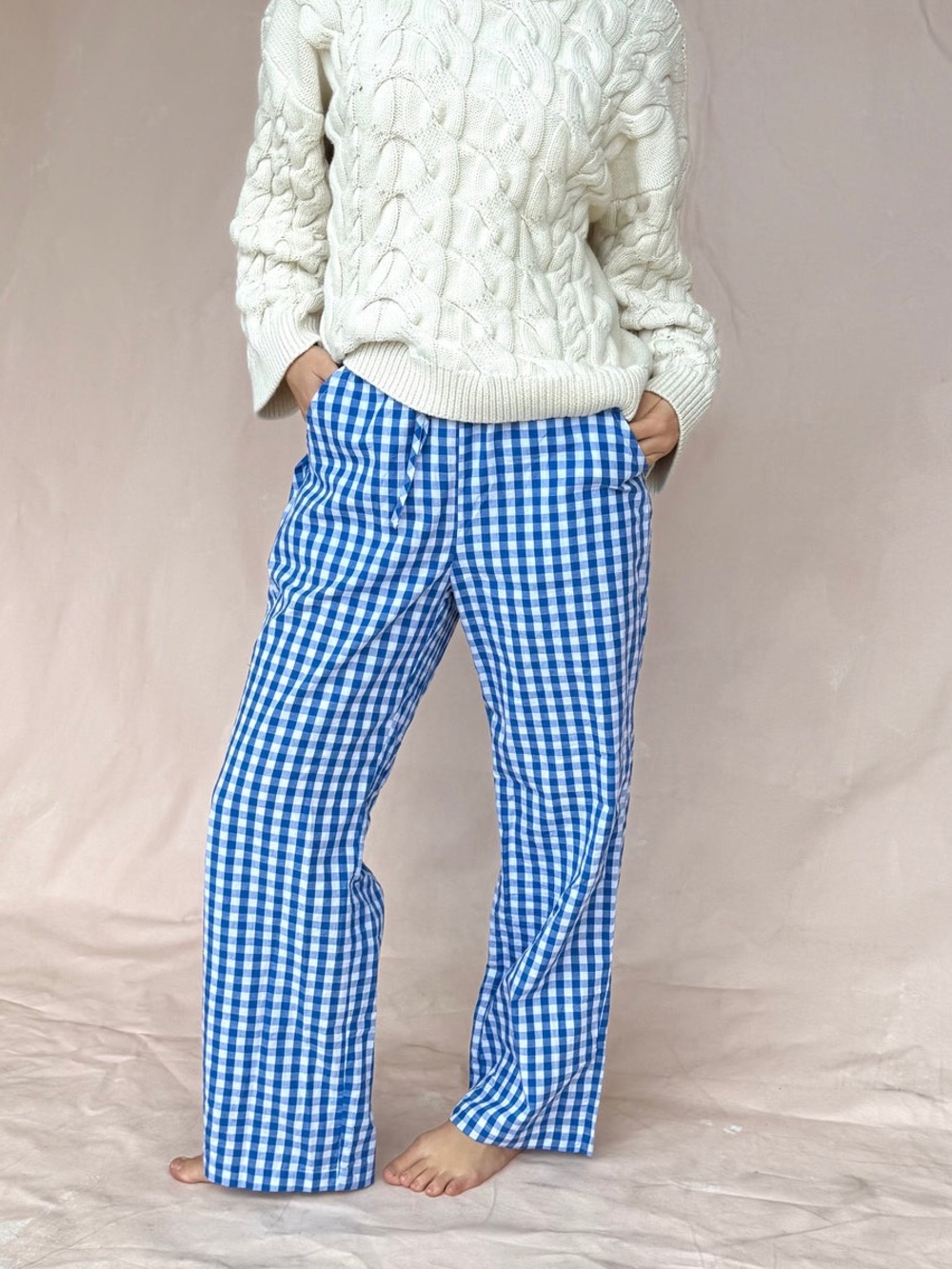 Sonderhaus Perfect Pants Blue & White Gingham Relaxed Fit Cotton Pants Size XS
